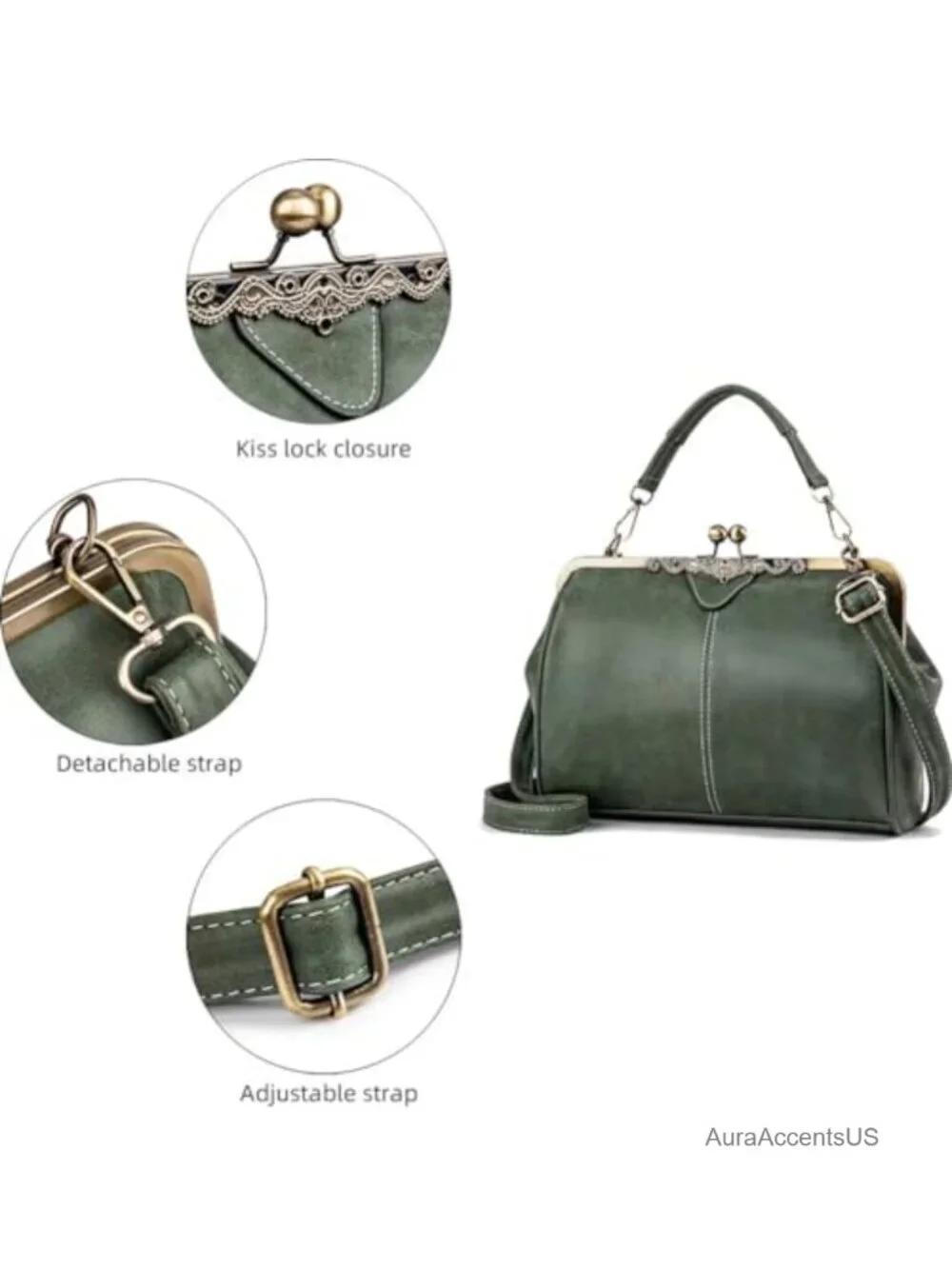 Vintage Kiss Lock Satchel Handbag Women Leather Shoulder Crossbody Purse